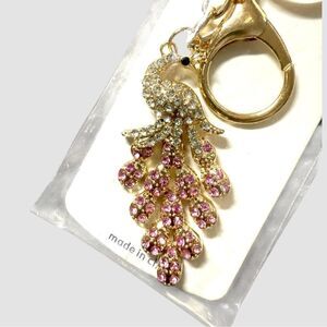 🥳 3/$26 Peacock Key Chain - Light Pink and Rhinestone Gold Tone Keychain